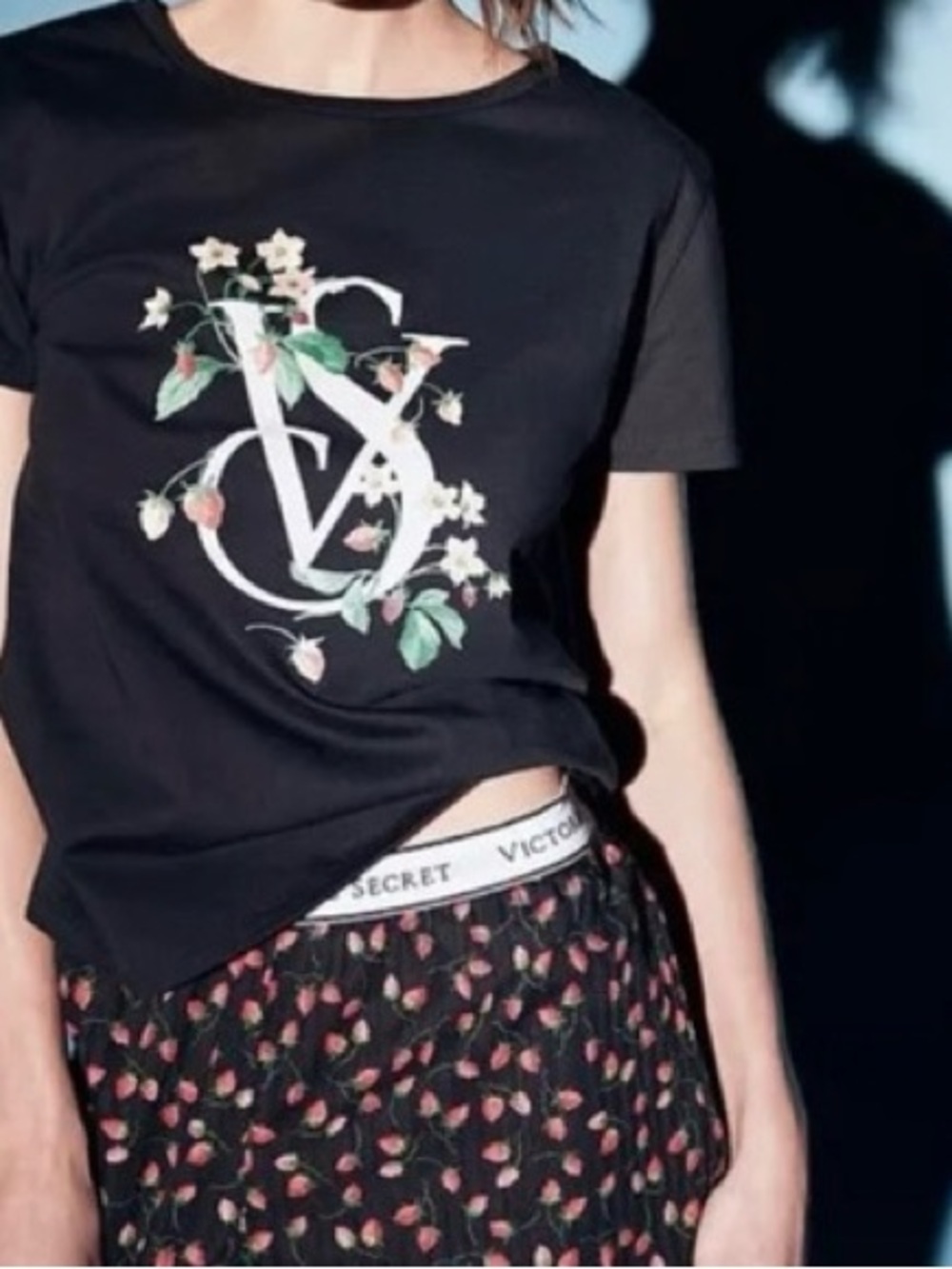 Victoria's Secret Black Tee with Floral VS Logo